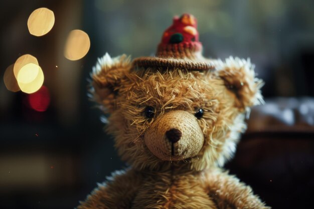 Foto um ursinho de pelúcia com um chapéu na cabeça