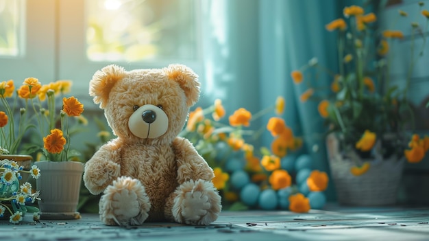 Foto um ursinho de pelúcia de pelúcias senta-se junto a flores laranjas em um vaso de flores no peitoral da janela