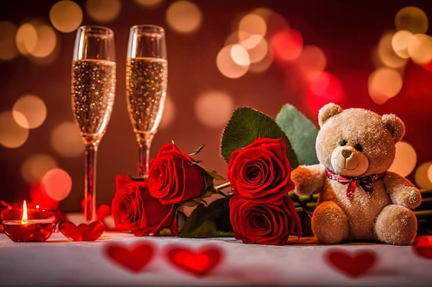 Um ursinho de pelúcia e duas taças de champanhe estão sobre uma mesa com luzes em forma de coração.