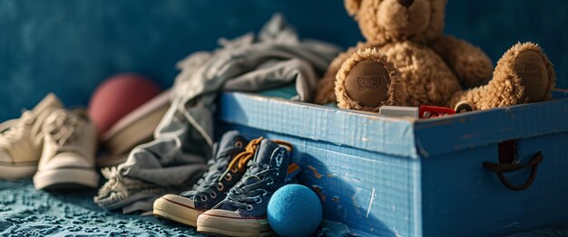 Foto um ursinho de pelúcia e um par de sapatos em uma superfície azul ai gerativa