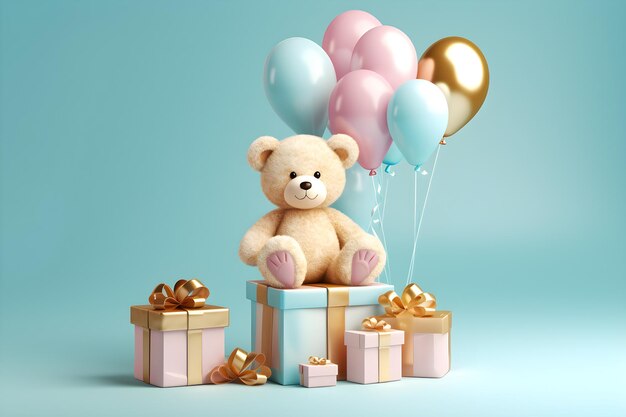 Um ursinho de pelúcia está sentado em uma caixa com balões.