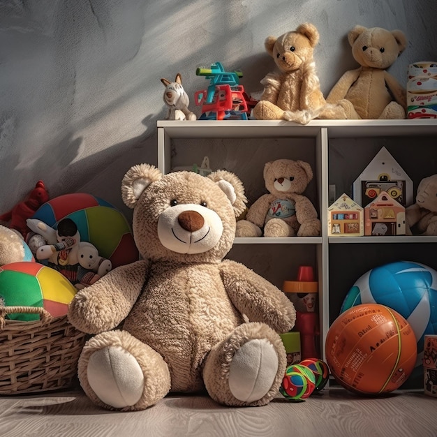 Um ursinho de pelúcia está sentado na frente de uma casa de brinquedo com uma casa de brinquedo na prateleira.