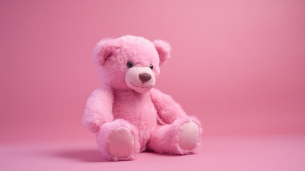 Um ursinho de pelúcia rosa senta-se em um fundo rosa.