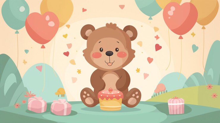 Foto um ursinho de pelúcia senta-se em uma mesa com balões e um bolo com corações e um urso de peluche