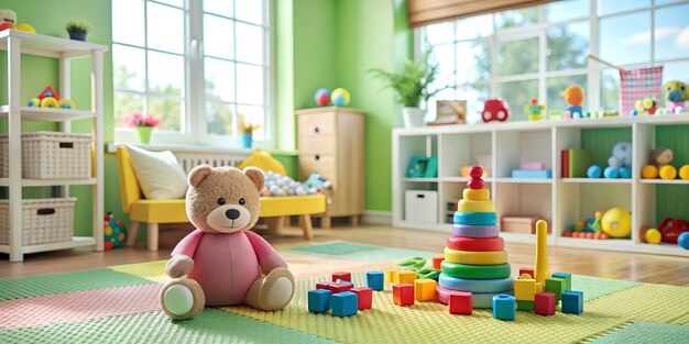 um ursinho de pelúcia senta-se no chão ao lado dos brinquedos do Dia das Crianças