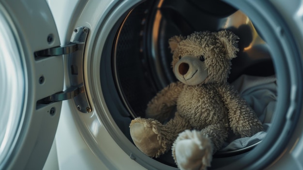 Um ursinho de pelúcia solitário senta-se dentro de uma máquina de lavar vazia à espera de uma aventura limpa