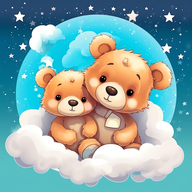 Um ursinho fofo e bonito fala com a lua no céu noturno Um urso adormecido com estrelas e nuvens
