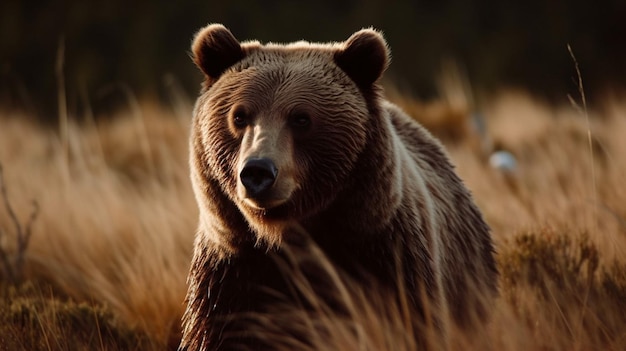 Um urso andando por um campo de grama alta