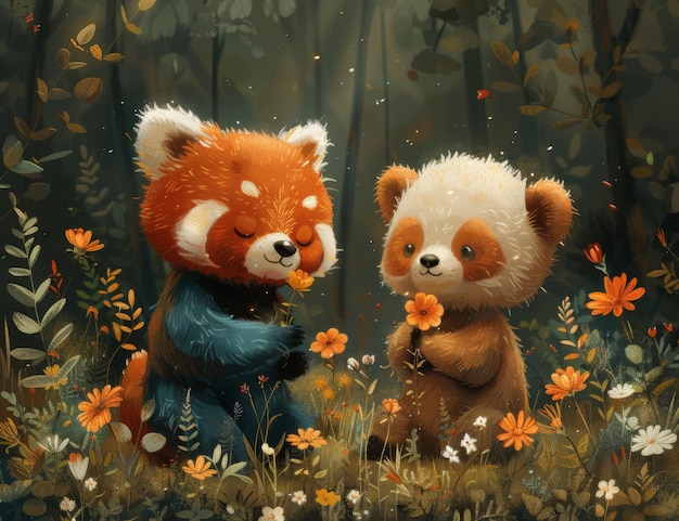 Foto um urso bonito e um urso desenhado à mão com uma imagem em uma floresta