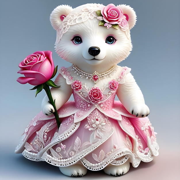 um urso branco com rosas rosas e uma rosa rosa
