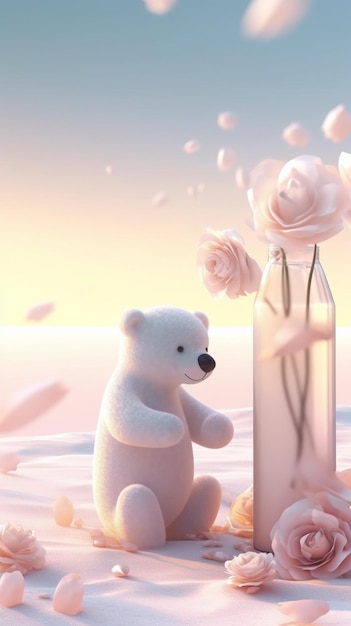Um urso branco está ao lado de uma garrafa de rosas.