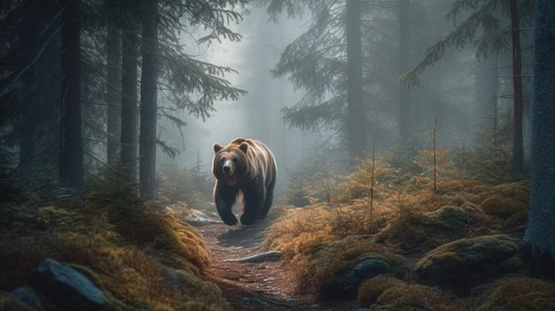 Um urso caminha por uma floresta com o sol brilhando em seu rosto.