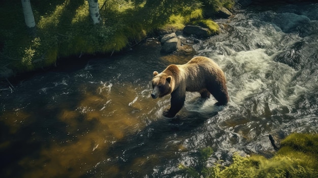 Um urso castanho atravessa um rio na floresta.