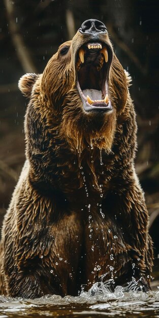 Foto um urso castanho com a boca aberta e a água a escorrer