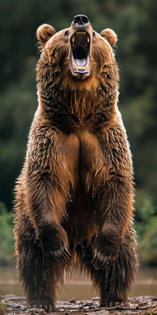 Foto um urso castanho com pele molhada está em um tronco