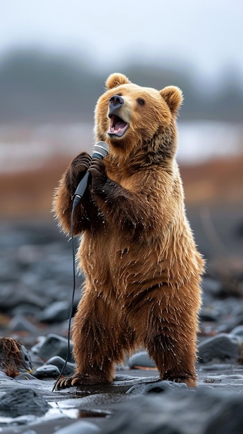 Foto um urso castanho com um microfone em sua boca está cantando em um micrófono
