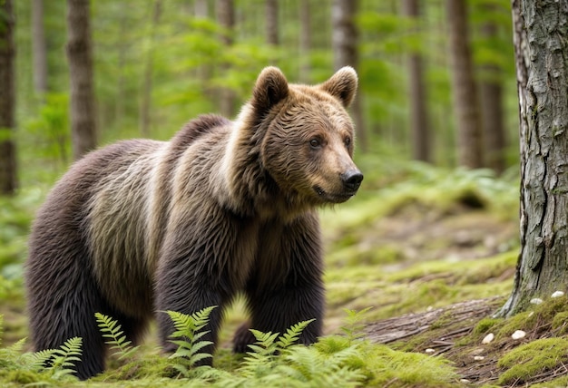 um urso castanho está de pé na floresta com samambaias