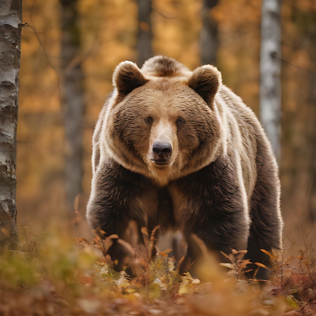 Foto um urso castanho está de pé numa floresta com árvores ao fundo