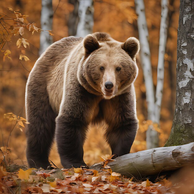 Um urso castanho está na floresta com folhas caídas