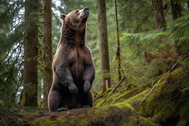 Um urso castanho sentado em uma rocha na floresta