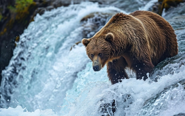 Um urso cinzento de pé na borda de uma cachoeira em cascata