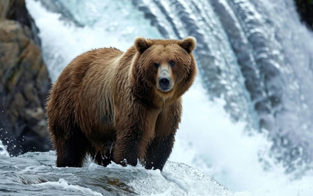 Um urso cinzento de pé na borda de uma cachoeira em cascata