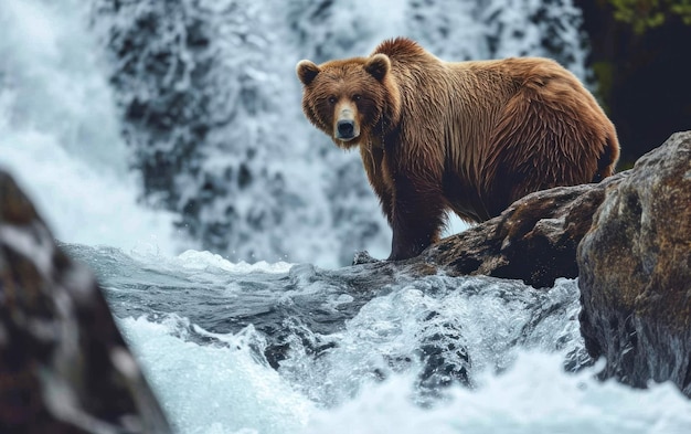 Um urso cinzento de pé na borda de uma cachoeira em cascata