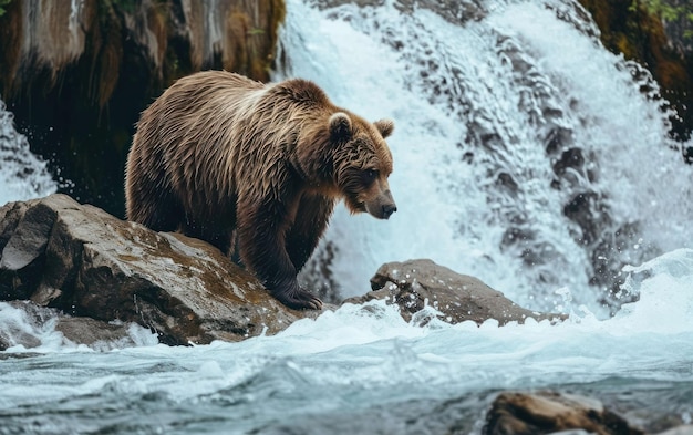 Um urso cinzento de pé na borda de uma cachoeira em cascata