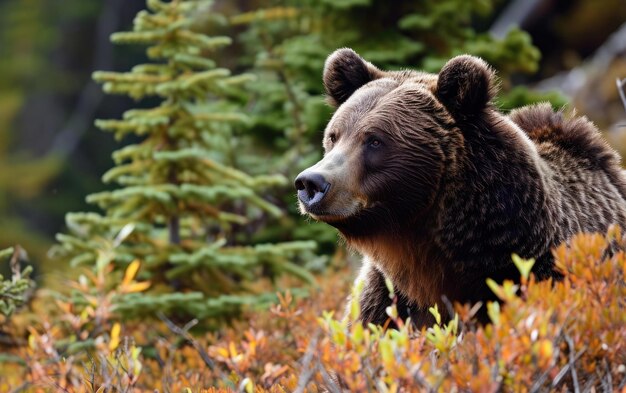 Foto um urso-cinzento metodicamente marcando seu território liberando um cheiro distintivo