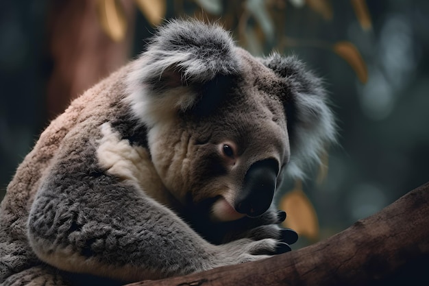 Um urso coala está empoleirado em um galho