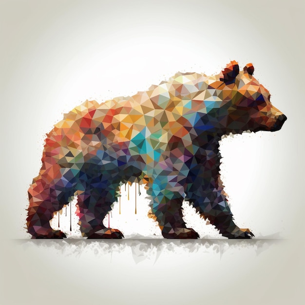 Um urso colorido com um fundo branco e um fundo preto.