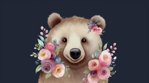 Um urso com flores na cabeça