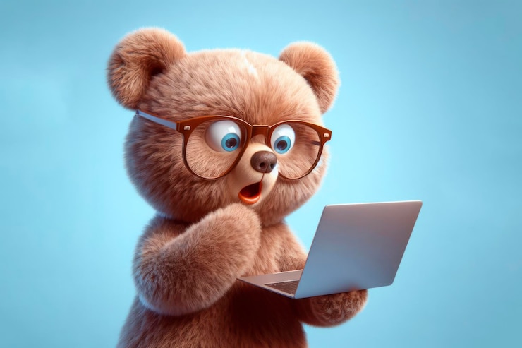 Foto um urso com óculos e um olhar surpreso em seu rosto está olhando para um laptop em fundo azul sólido ai generativo