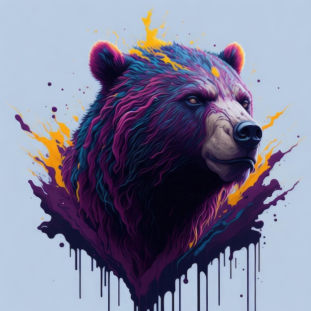 Um urso com rosto roxo e azul é mostrado em uma pintura.