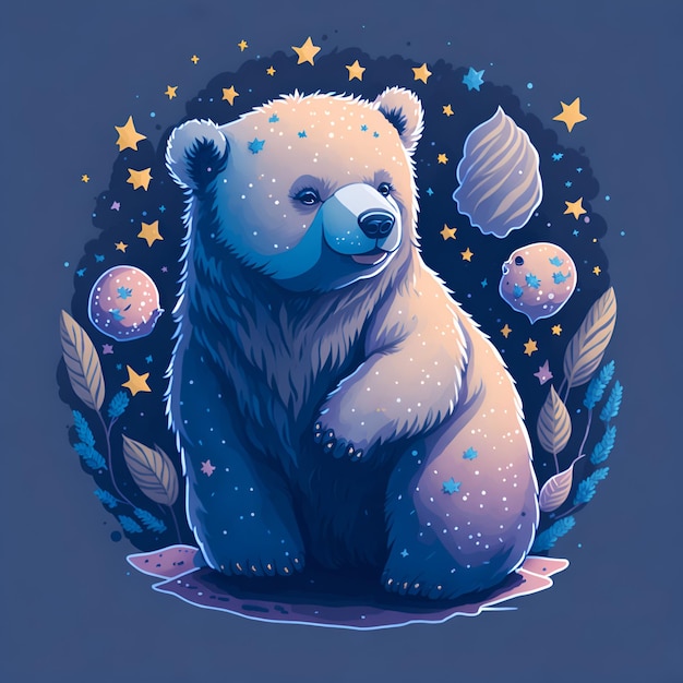 Um urso com um fundo azul e estrelas nele.