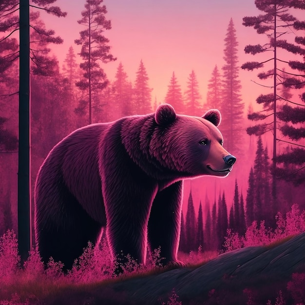 um urso com um fundo rosa e um fundo roxo com árvores ao fundo