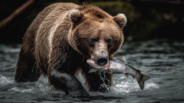 Um urso com um peixe na boca