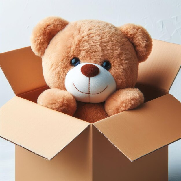 Um urso de brinquedo alegre olha para fora de uma caixa