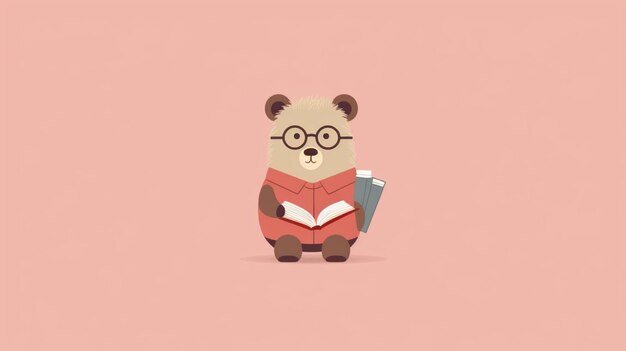 um urso de desenho animado com óculos e um livro nas mãos