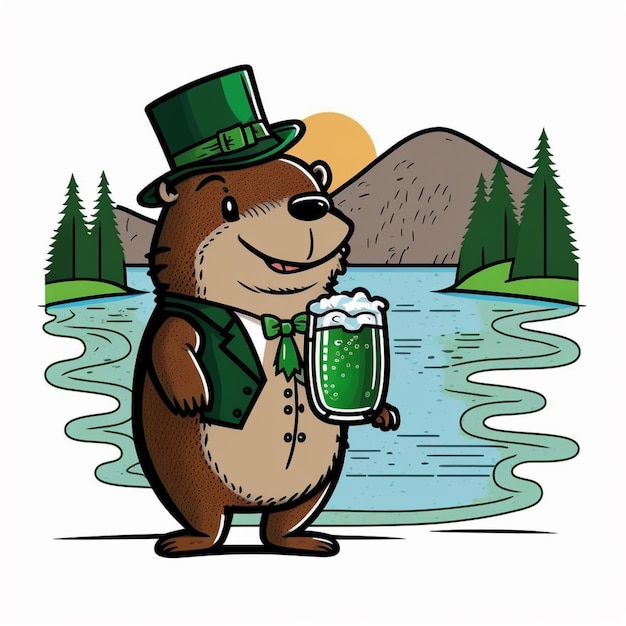 um urso de desenho animado com um chapéu verde e cerveja verde geradora de IA