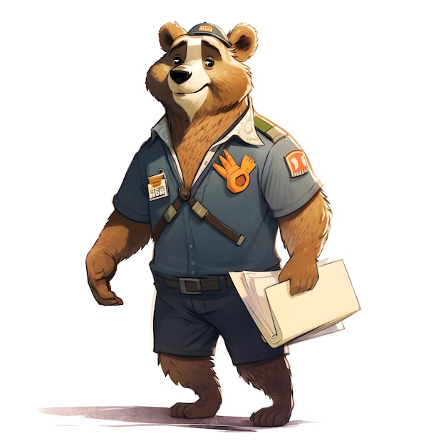 Um urso de desenho animado com uma camisa azul e shorts que diz 'o policial'