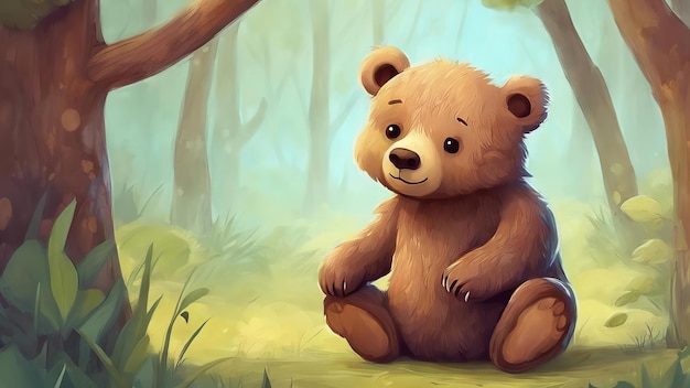 um urso de desenho animado está sentado numa floresta