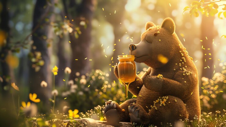 Foto um urso de desenho animado gosta de um copo de mel enquanto está sentado na floresta