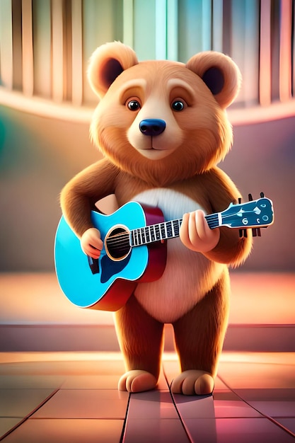 Um urso de desenho animado tocando violão em frente a um prédio.