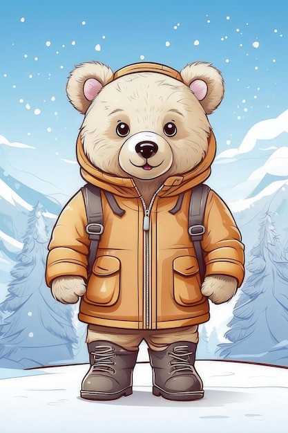 um urso de desenho animado vestindo uma jaqueta e botas na neve com uma mochila