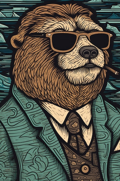 Foto um urso de fato e gravata a fumar um cigarro.