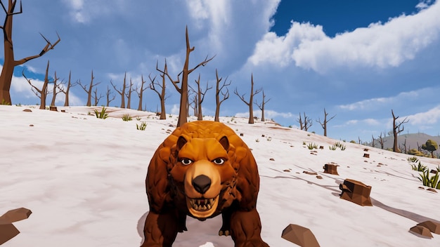 Um urso de frente para a câmera com um fundo natural projetado em renderização 3d de baixo poli