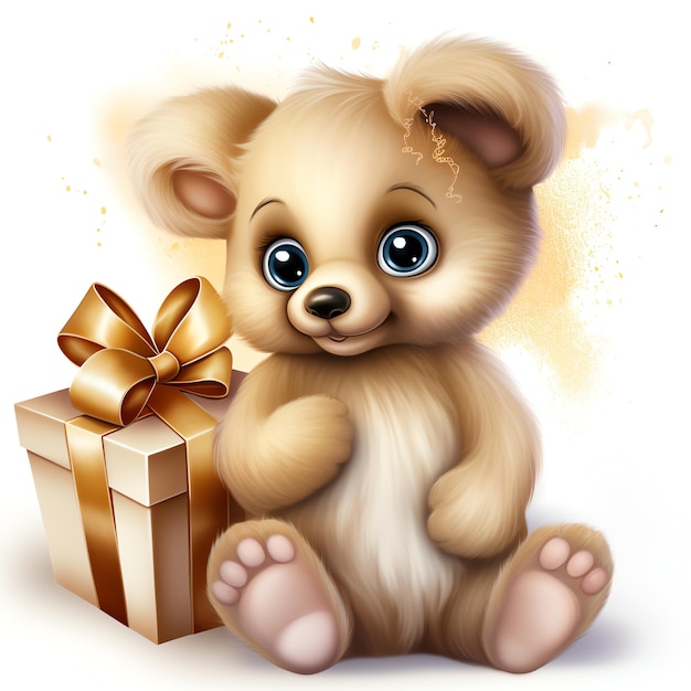 Foto um urso de pelúcia castanho com um arco dourado senta-se ao lado de um presente