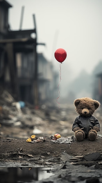 Um urso de pelúcia com um balão vermelho deprimido e solitário no cenário de uma cidade destruída