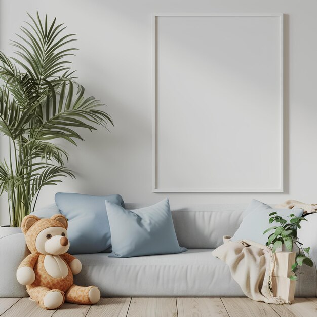 Um urso de pelúcia sentado em um sofá em uma sala de estar com uma planta e uma moldura de foto em branco na parede